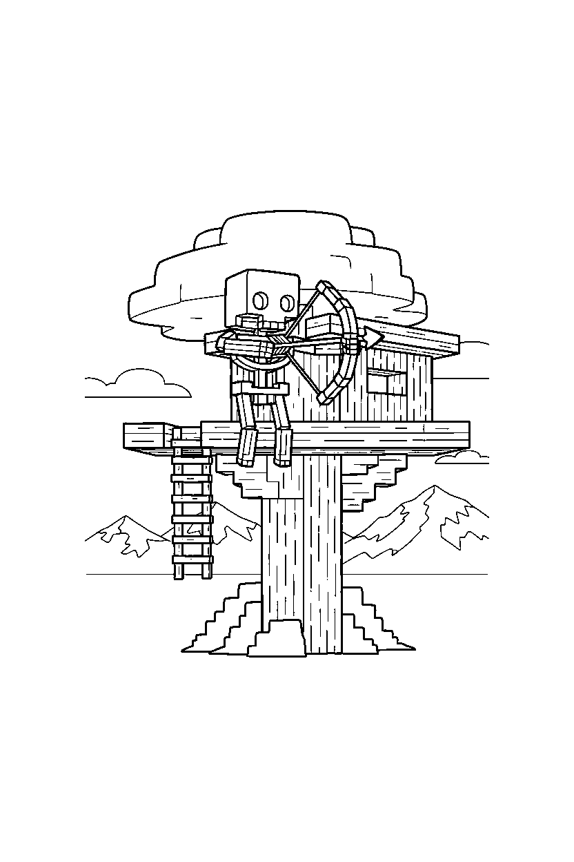 minecraft skeleton aiming a bow in a treehouse base line art