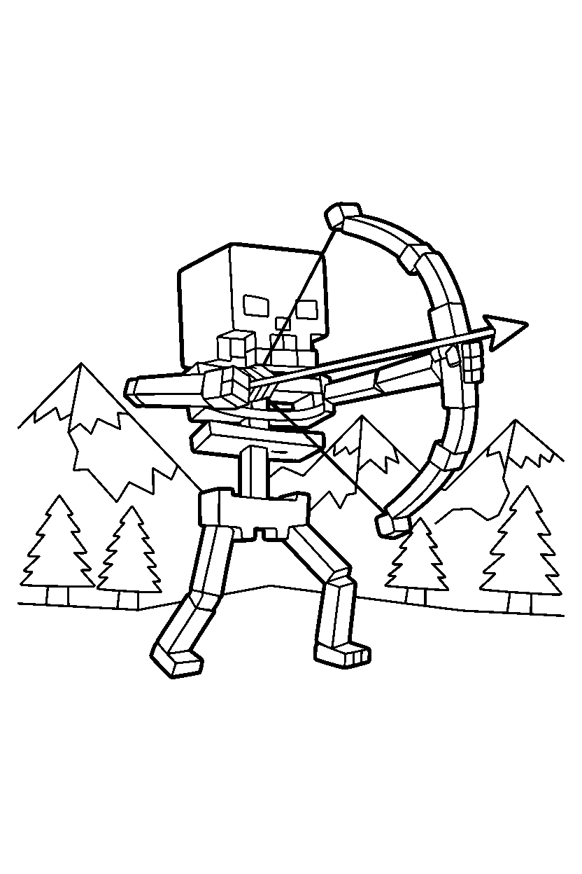 minecraft skeleton aiming a bow in mountains line art