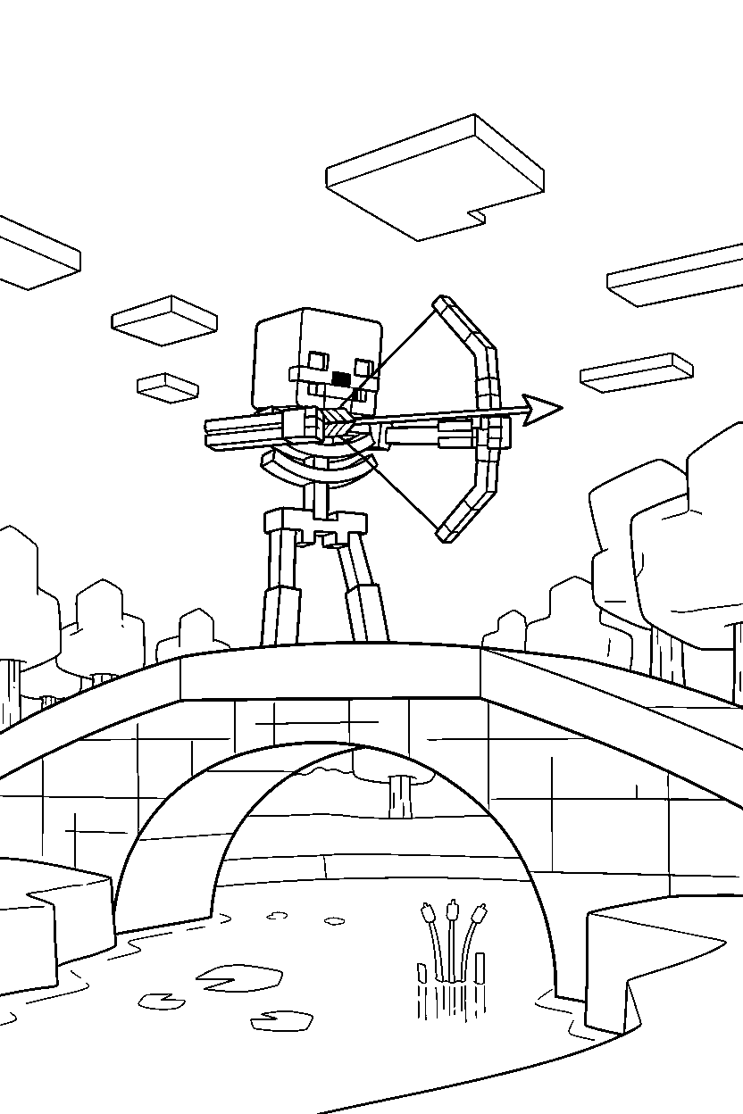 minecraft skeleton aiming a bow on a bridge line art
