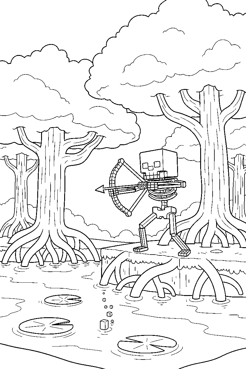 minecraft skeleton aiming from a distance in a mangrove swamp line art