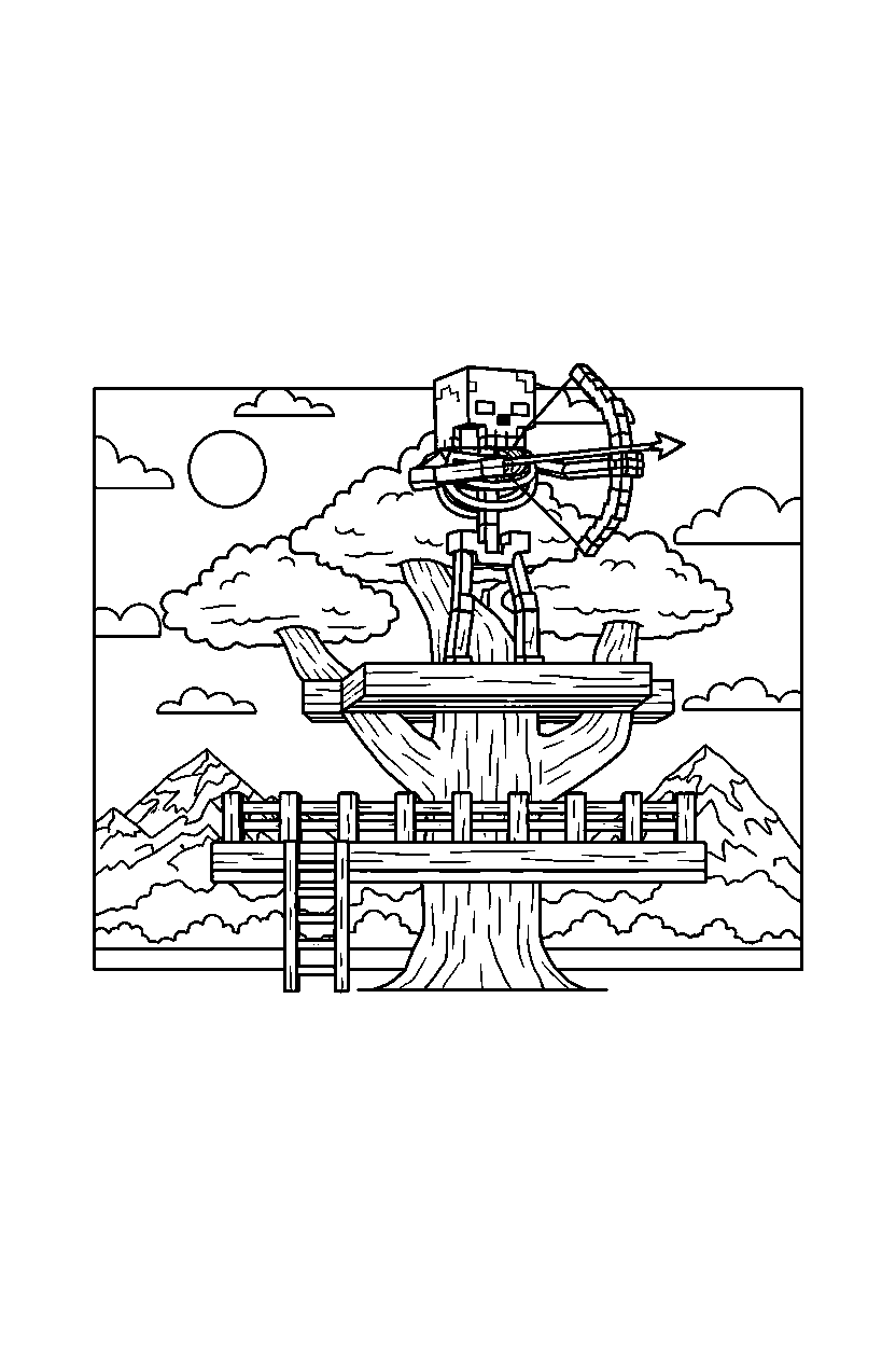 minecraft skeleton aiming silently in a treehouse base line art