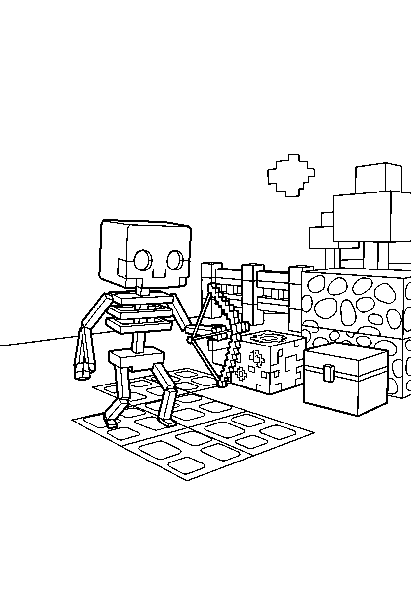 minecraft skeleton approaching cautiously in a survival base line art