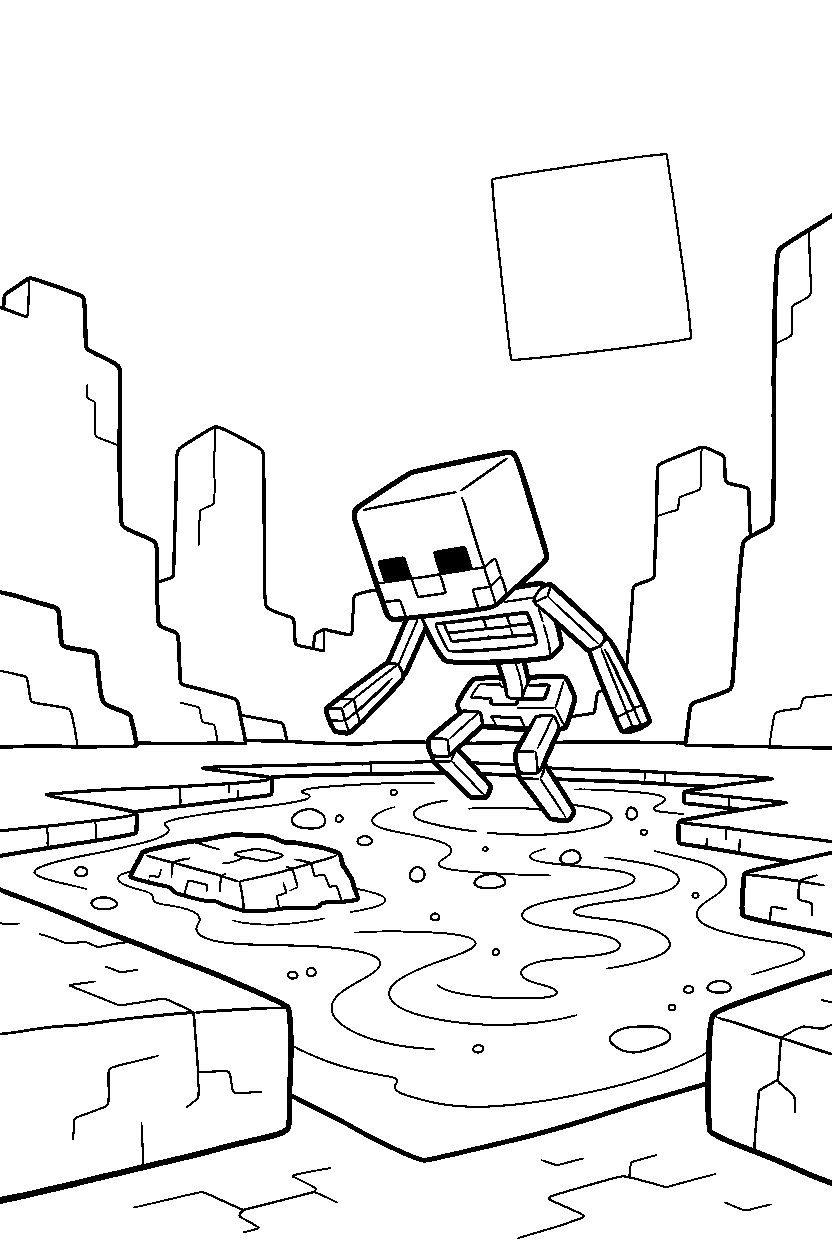 minecraft skeleton approaching cautiously near a lava lake line art