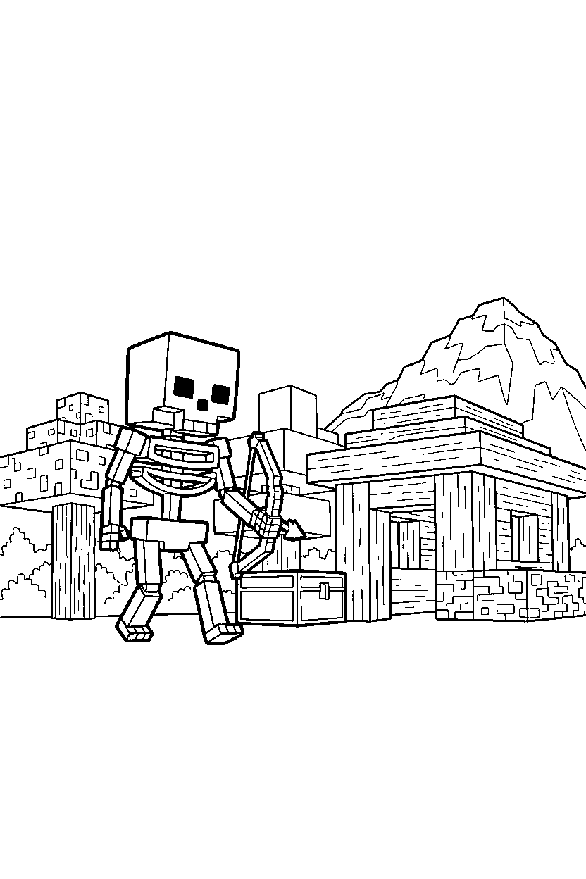 minecraft skeleton approaching slowly in a survival base line art