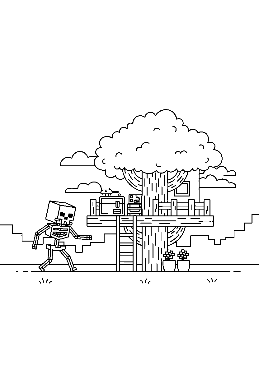 minecraft skeleton approaching slowly in a treehouse base line art