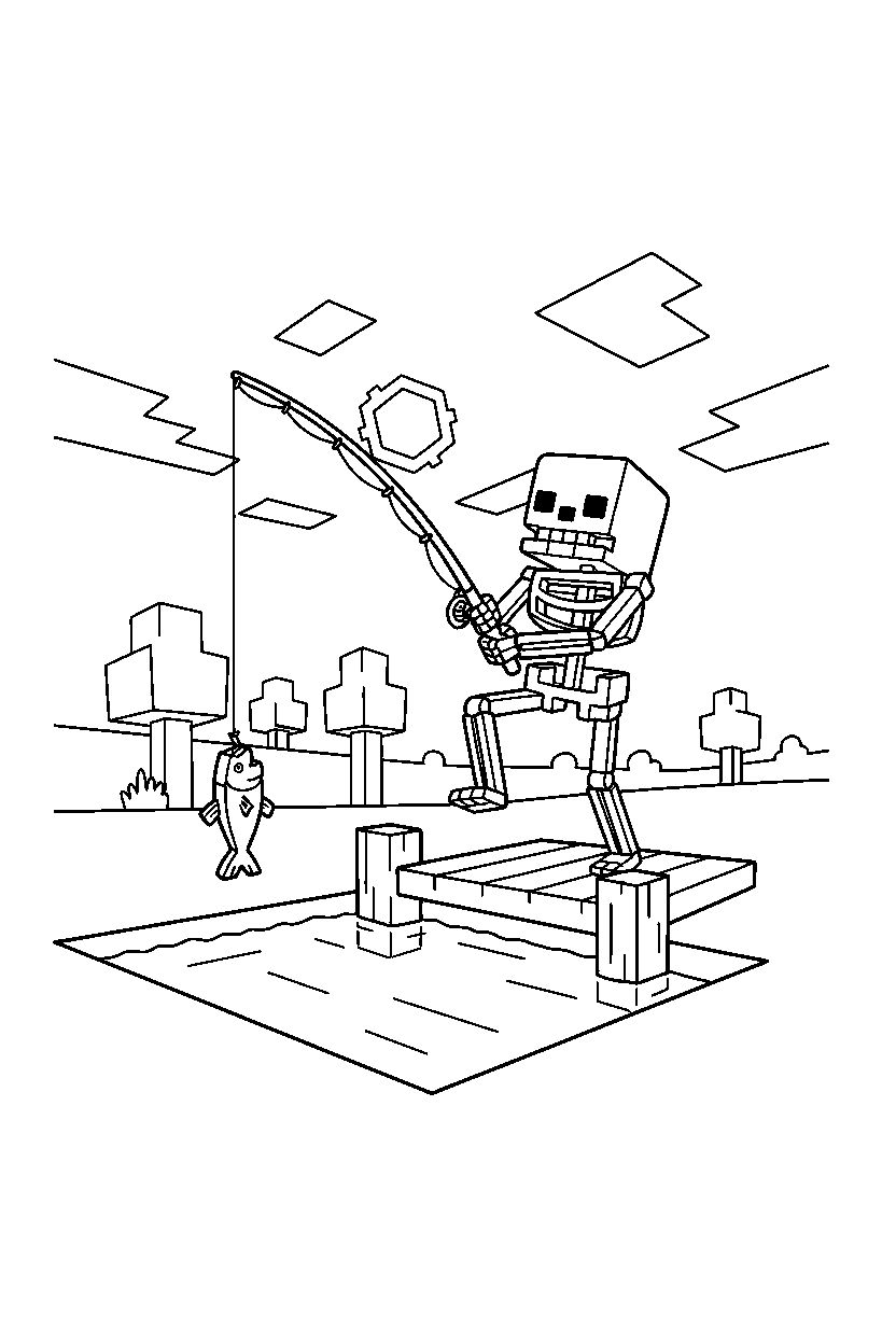 minecraft skeleton balancing at fishing spot line art