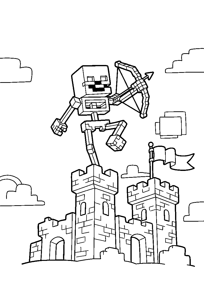 minecraft skeleton balancing in castle line art