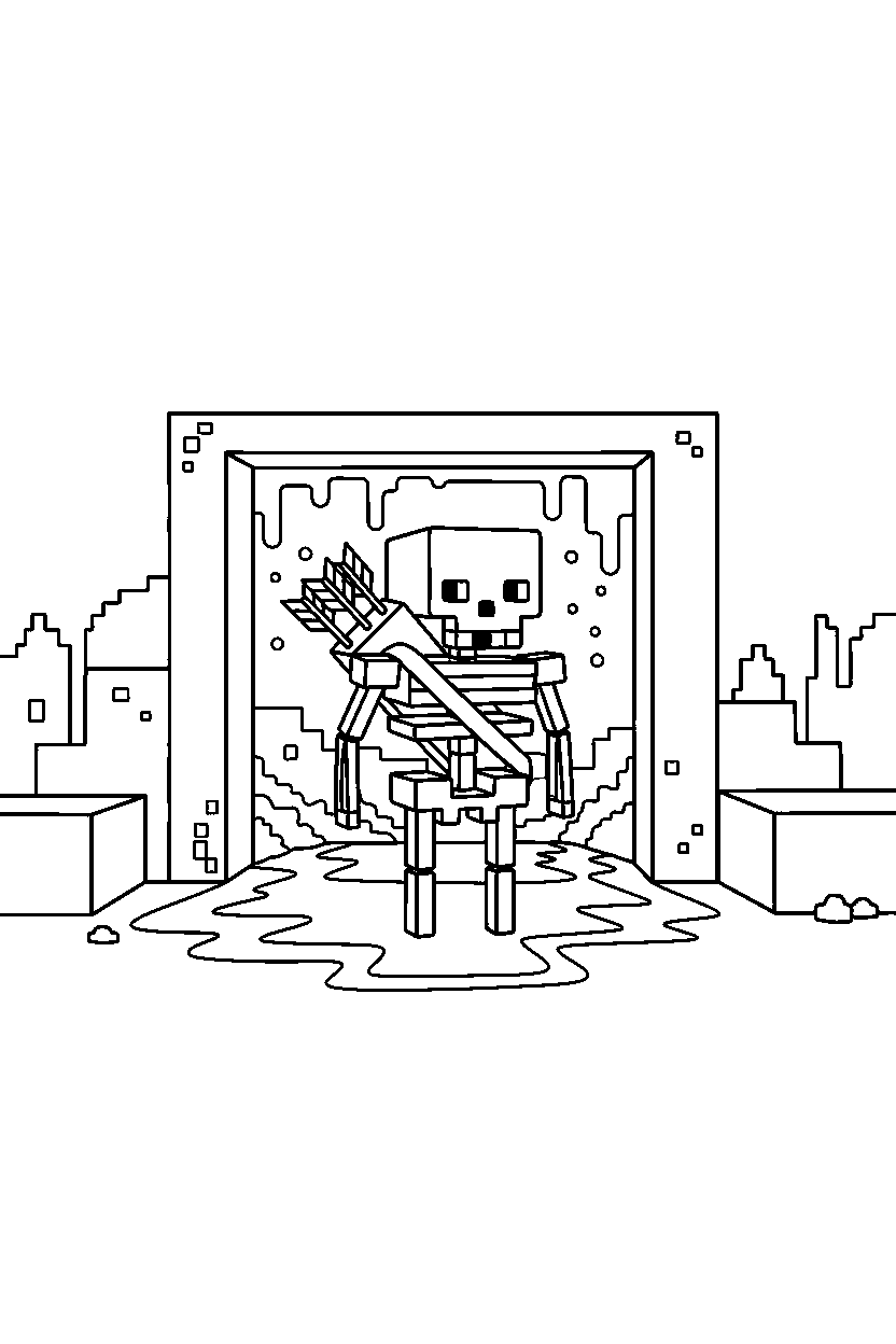 minecraft skeleton carrying arrows near a lava cave line art