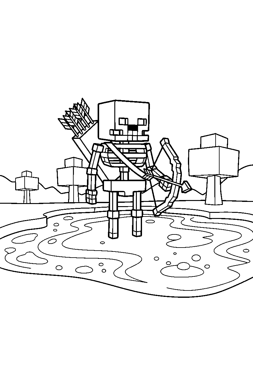 minecraft skeleton carrying arrows near a lava lake line art