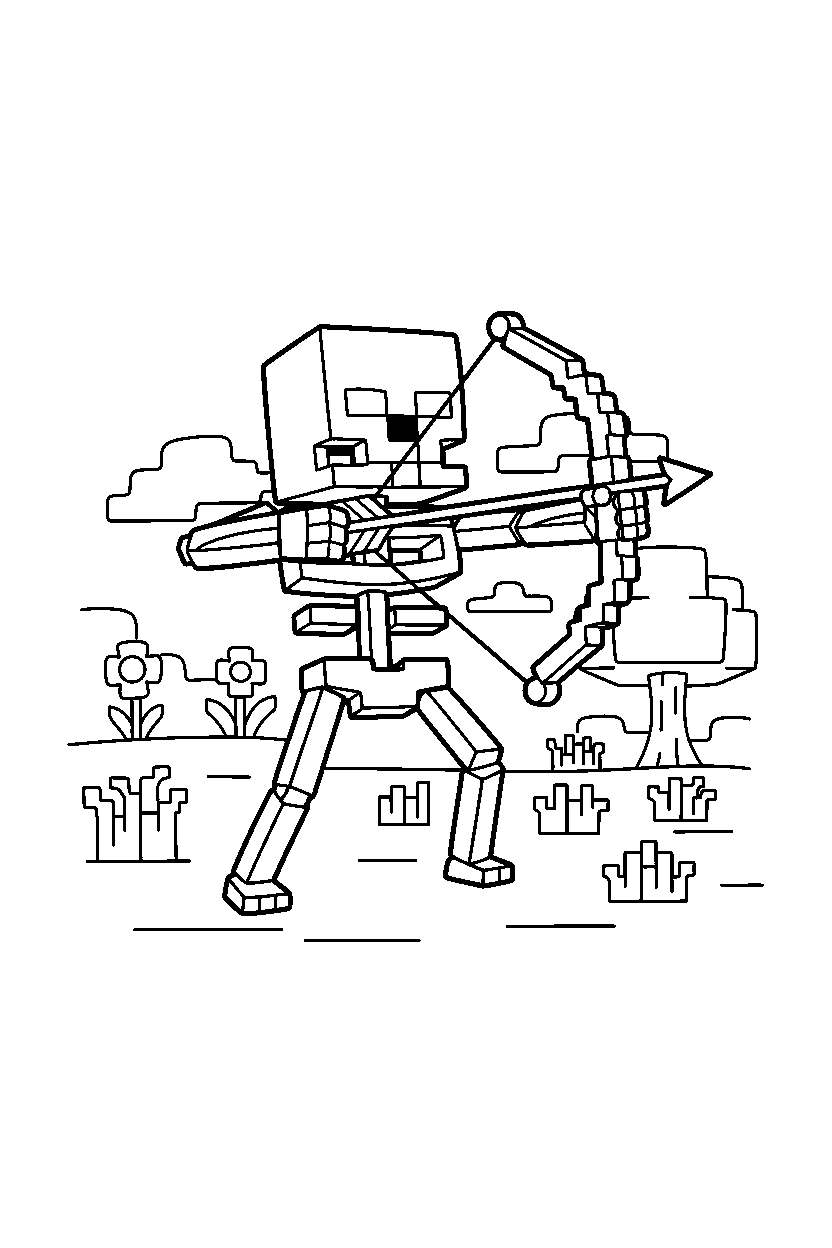 minecraft skeleton drawing a bow in a meadow line art