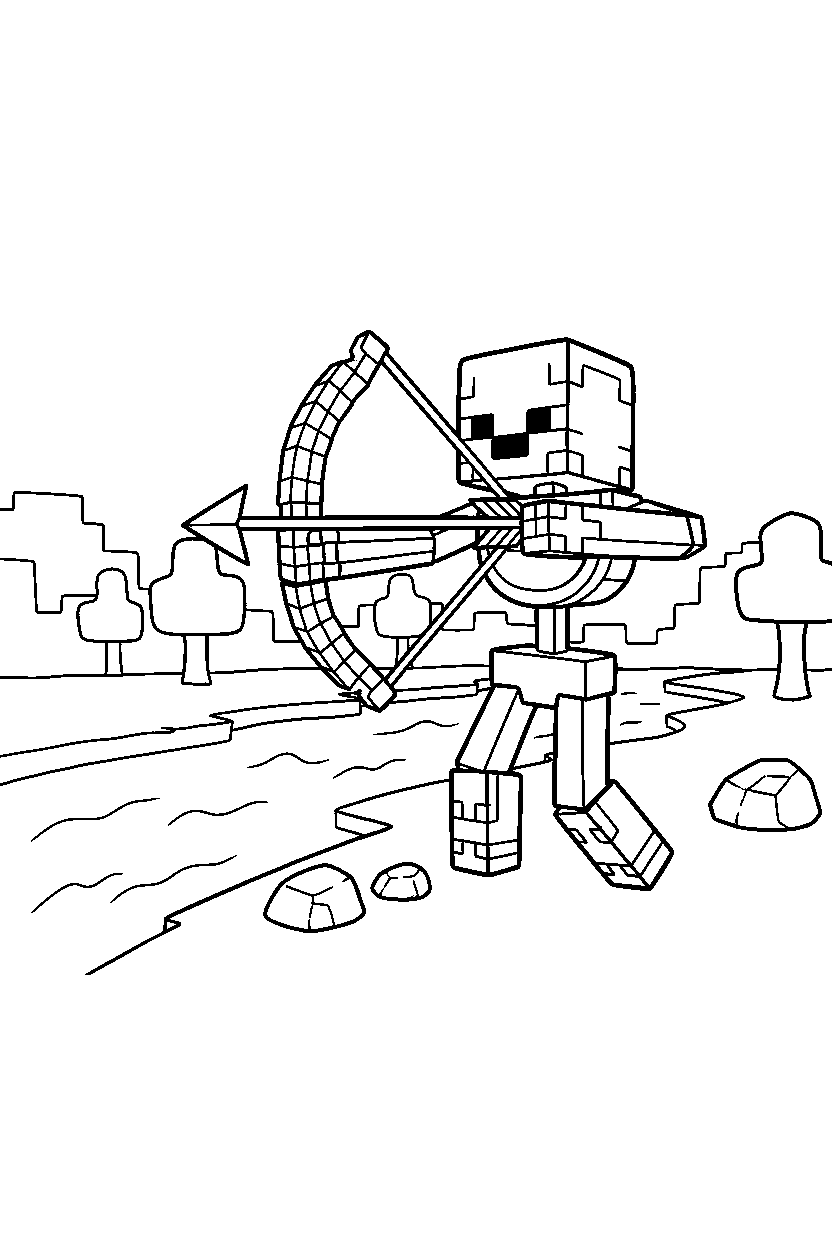 minecraft skeleton drawing a bow near a river line art