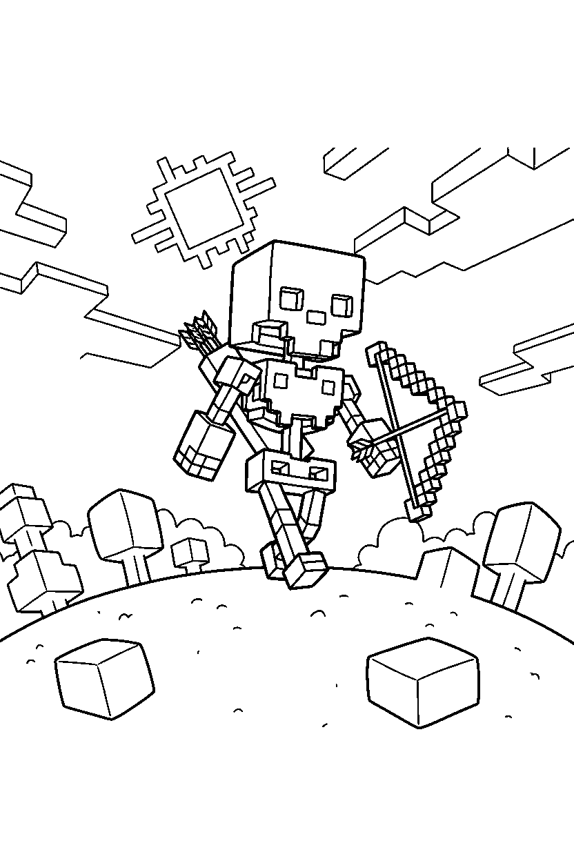 minecraft skeleton exploring on hill line art