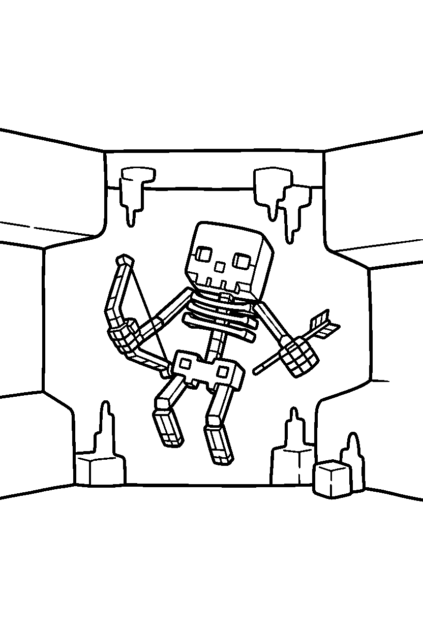 minecraft skeleton floating calmly in a cave line art