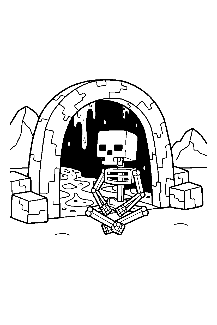 minecraft skeleton floating calmly near a lava cave line art