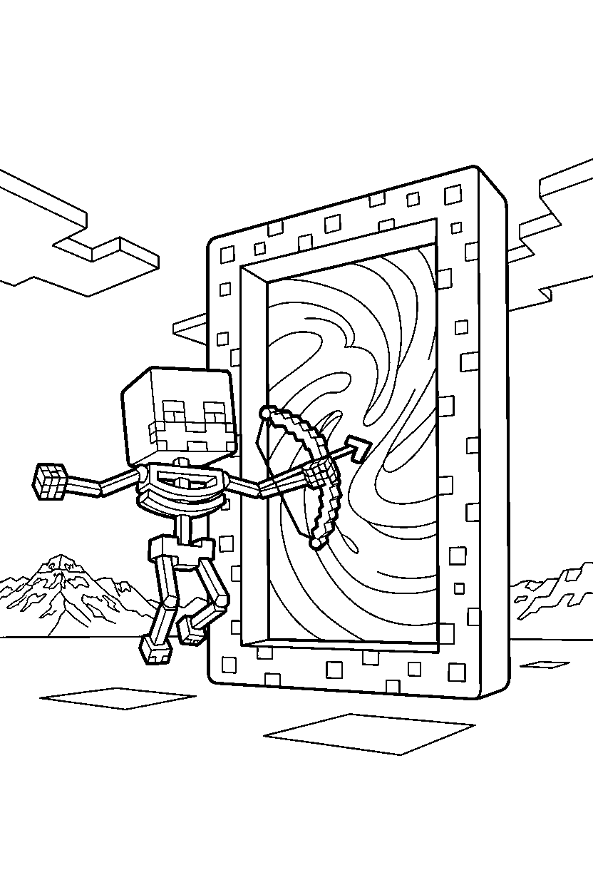 minecraft skeleton gliding calmly near a portal line art