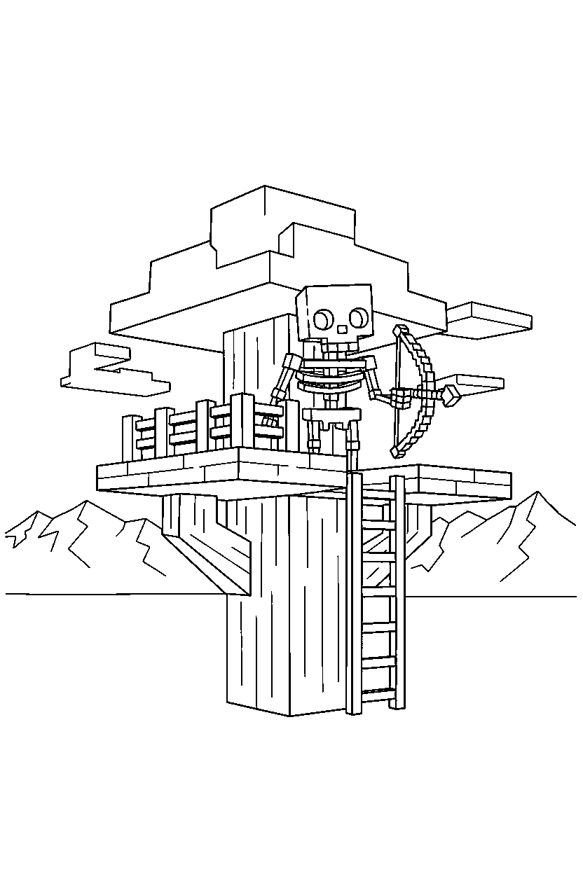 minecraft skeleton holding a bow in a treehouse base line art