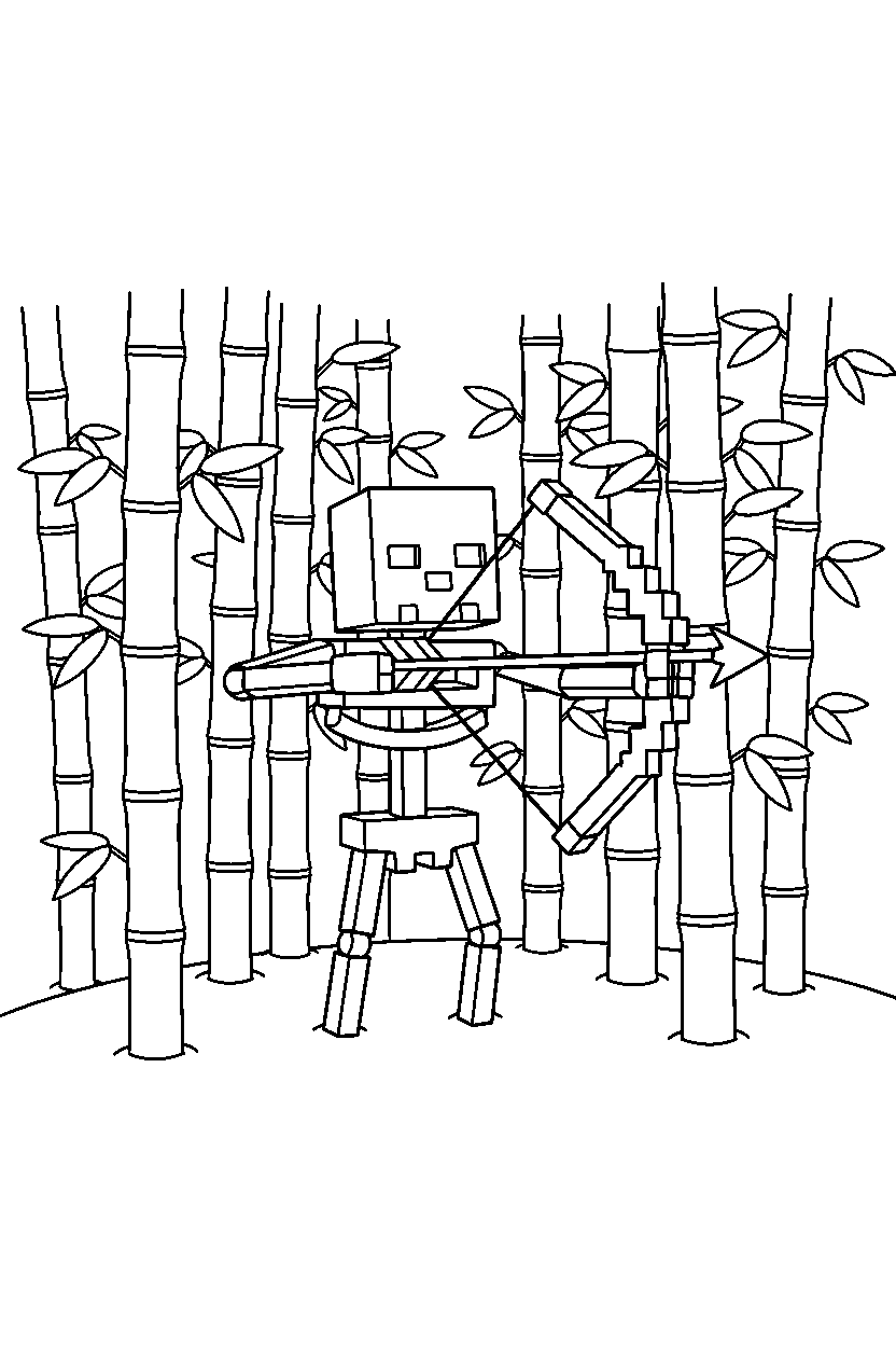 minecraft skeleton holding a bow ready in a bamboo jungle line art