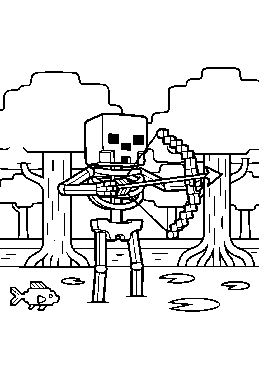 minecraft skeleton holding a bow ready in a mangrove swamp line art