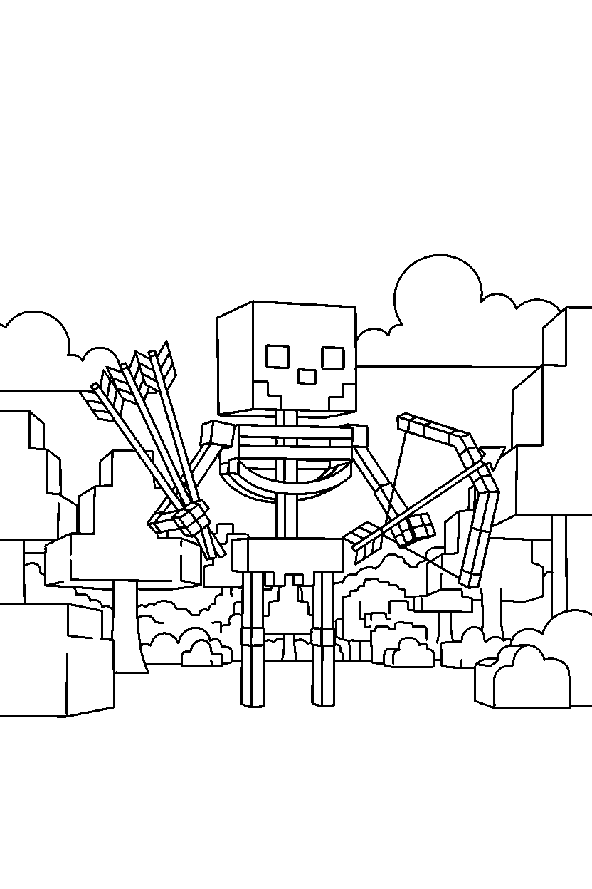 minecraft skeleton holding arrows in a forest line art