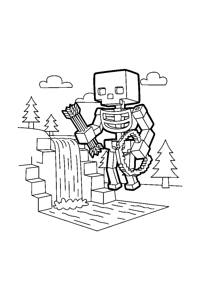 minecraft skeleton holding arrows near a waterfall line art