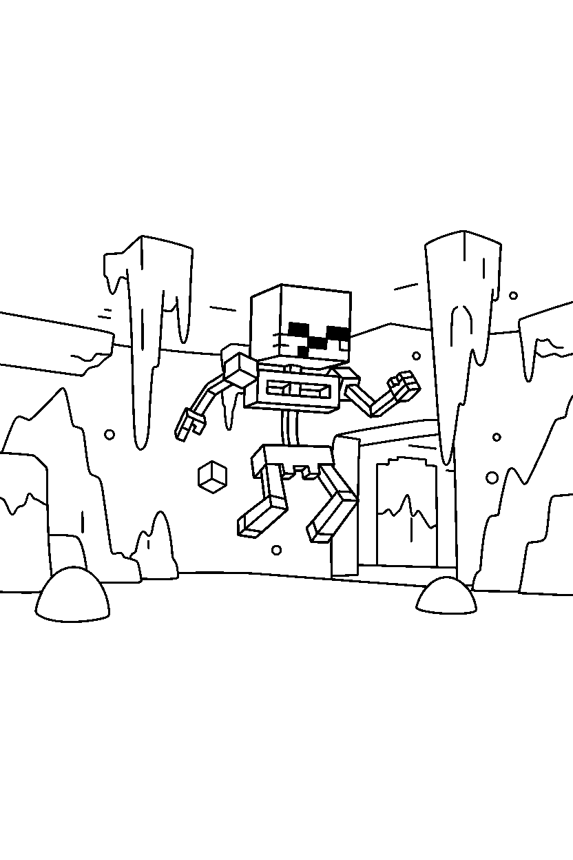 minecraft skeleton jumping in icy cave line art