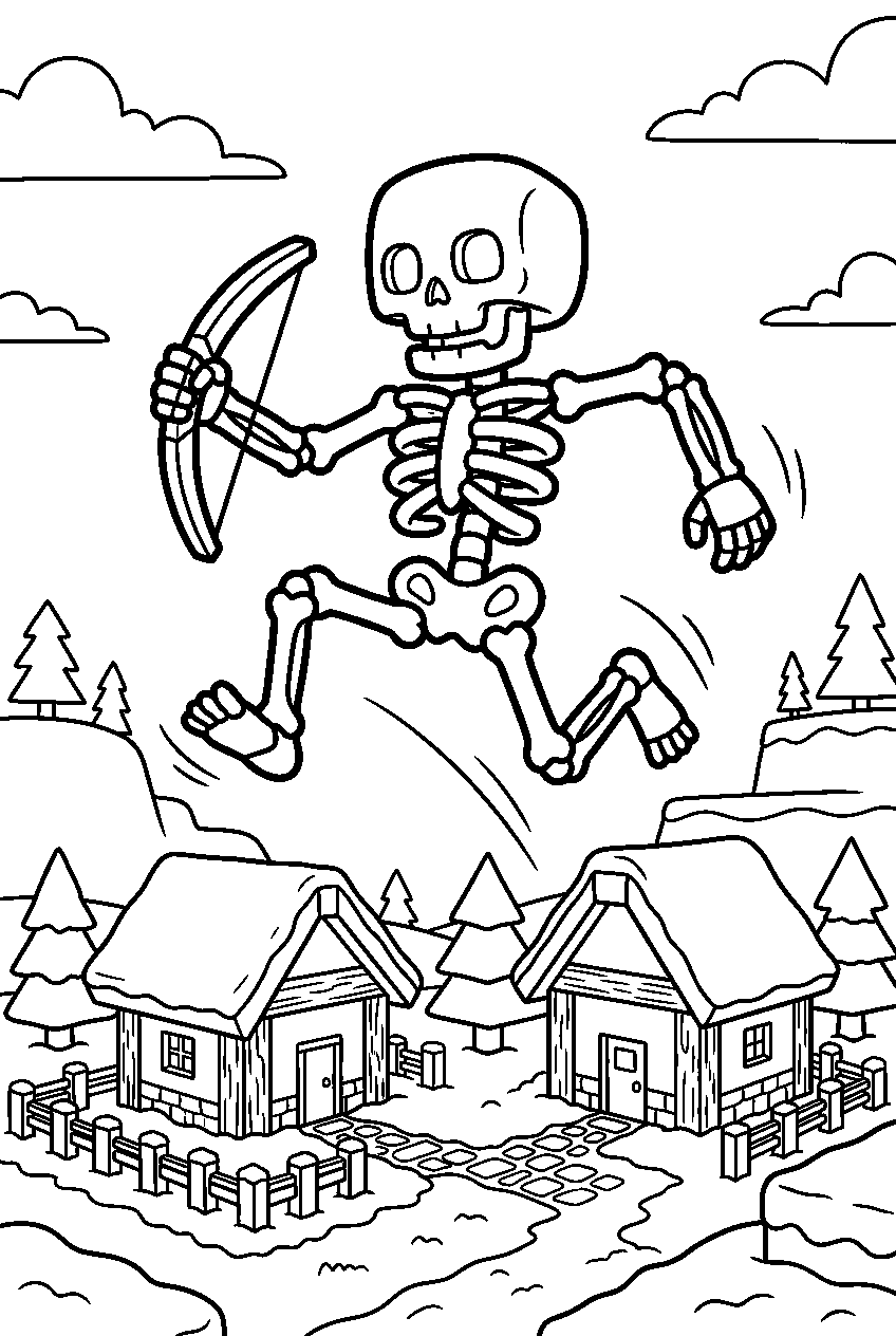 minecraft skeleton jumping in snowy village line art