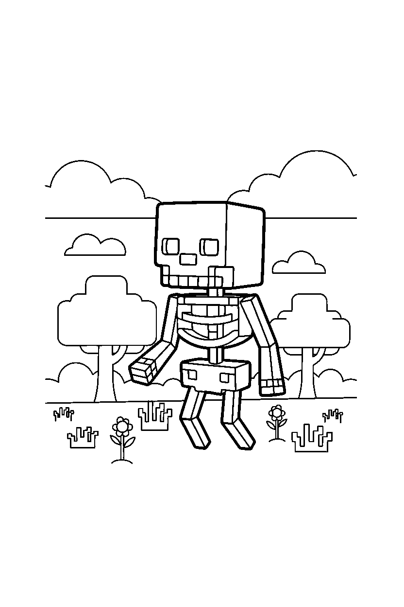minecraft skeleton looking around carefully in a meadow line art