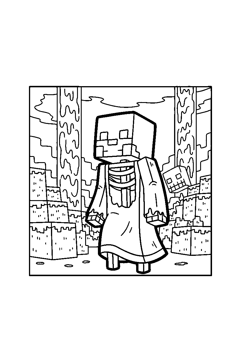 minecraft skeleton looking around carefully in the nether line art