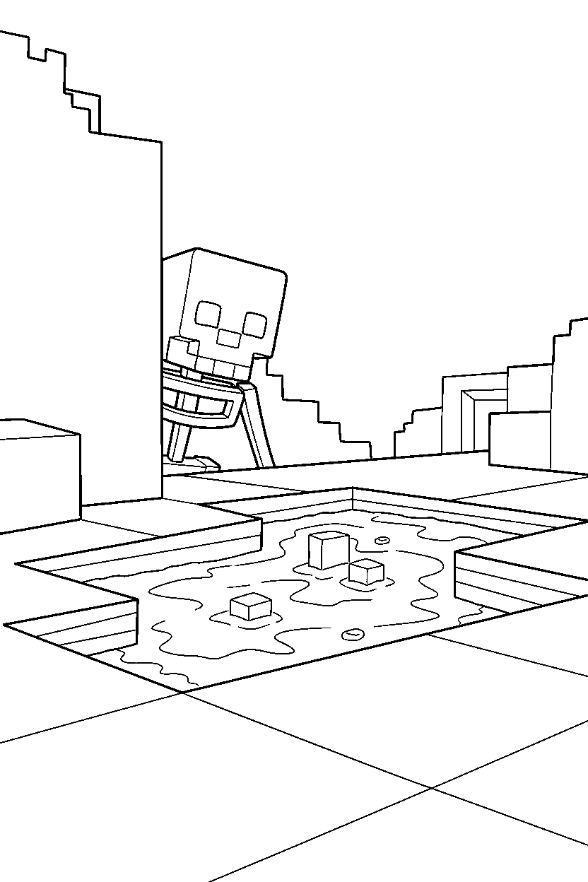 minecraft skeleton looking around carefully near a lava lake line art