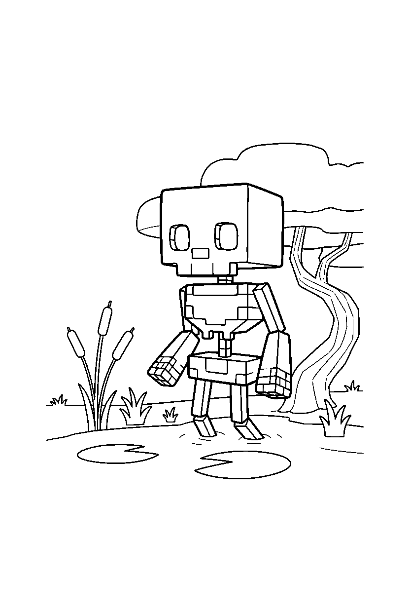 minecraft skeleton looking around curiously in a swamp line art