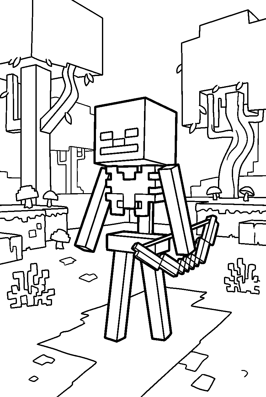 minecraft skeleton looking around in warped forest line art