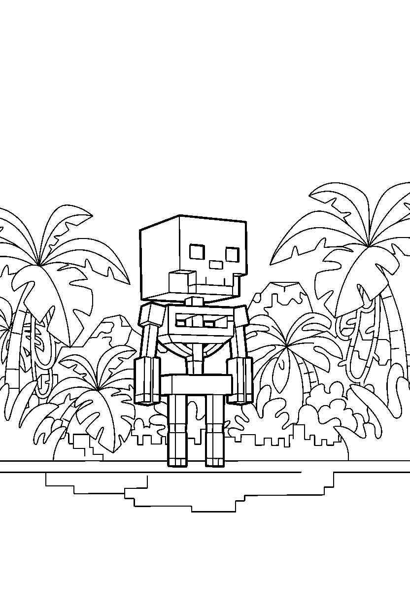 minecraft skeleton looking into the distance in a jungle line art