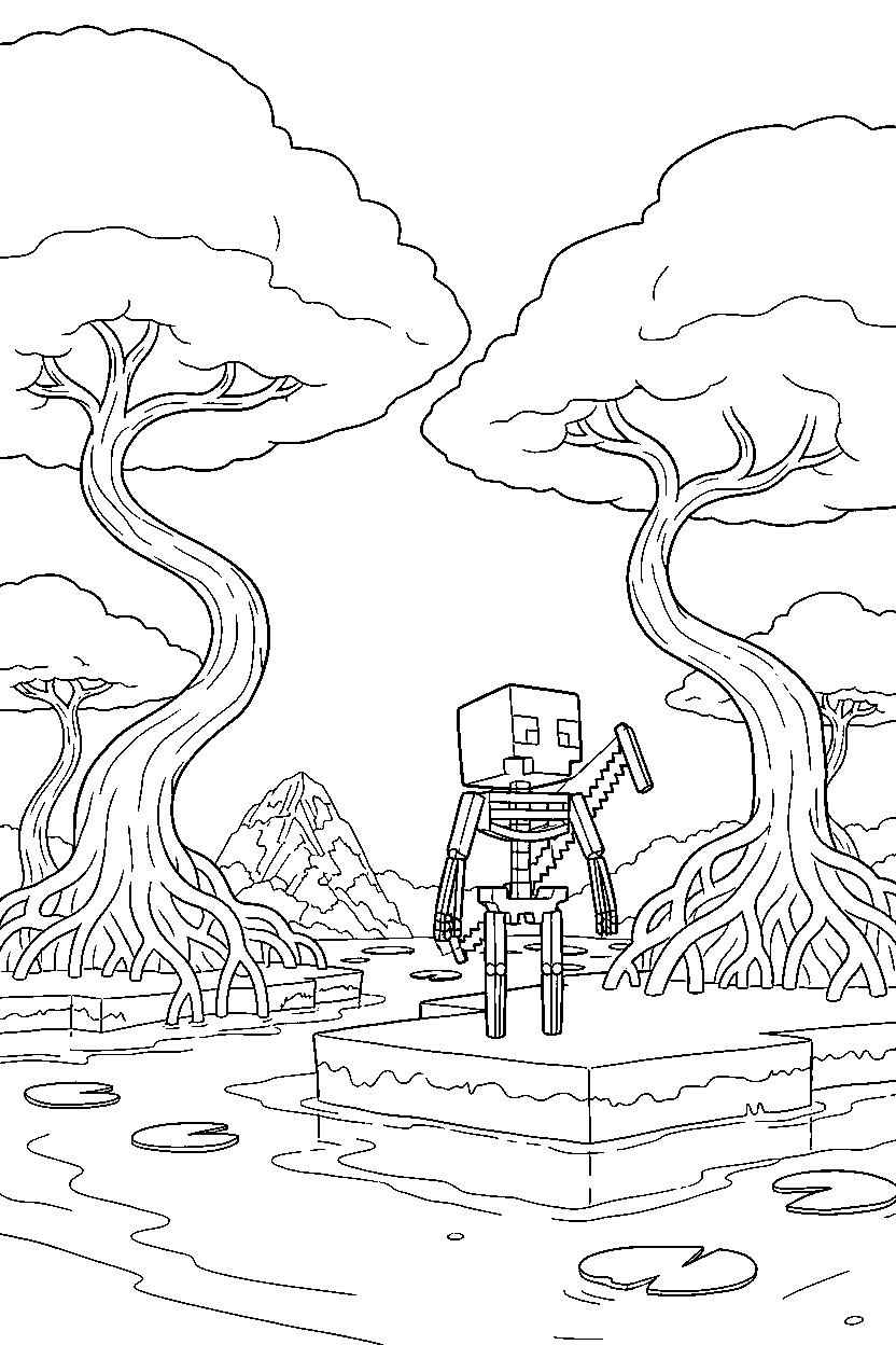 minecraft skeleton looking into the distance in a mangrove swamp line art