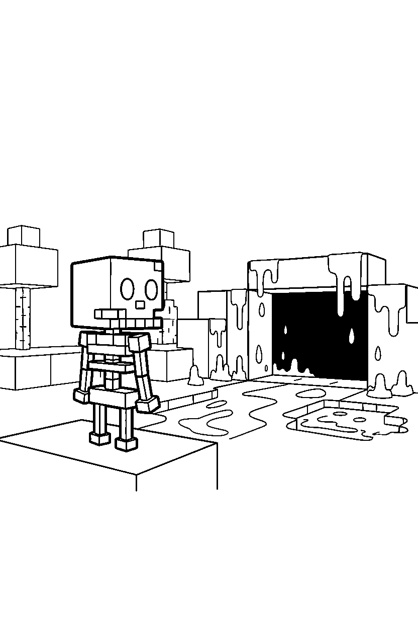 minecraft skeleton looking into the distance near a lava cave line art
