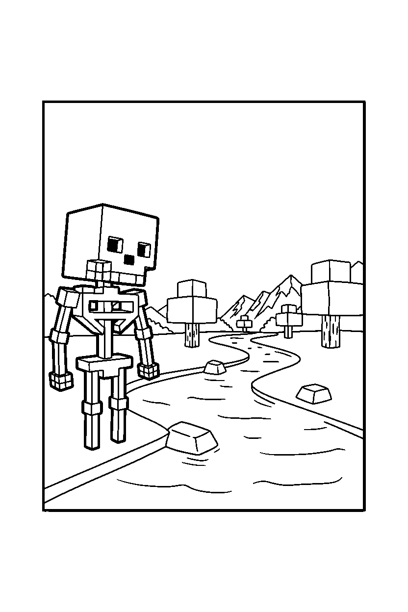 minecraft skeleton looking into the distance near a river line art