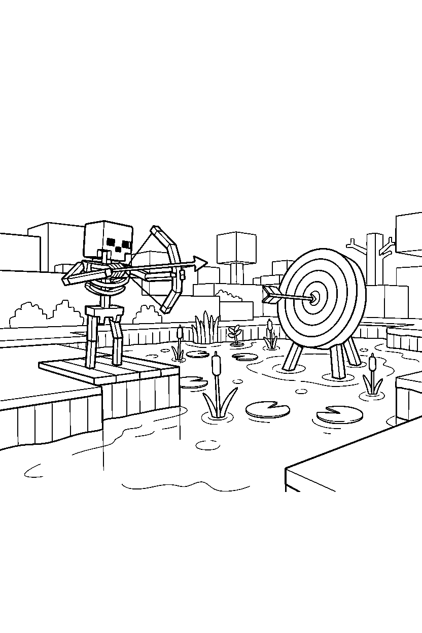 minecraft skeleton looking toward a target in a swamp line art