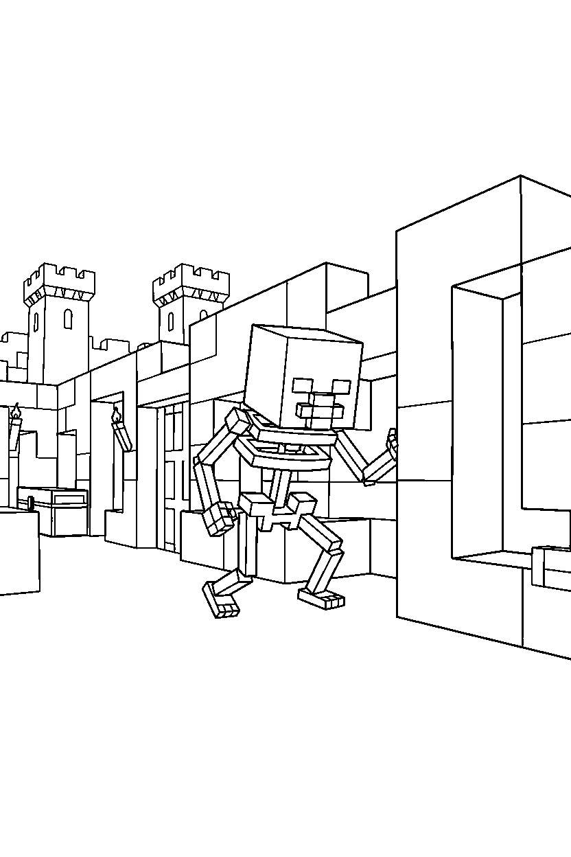 minecraft skeleton moving carefully in a castle base line art