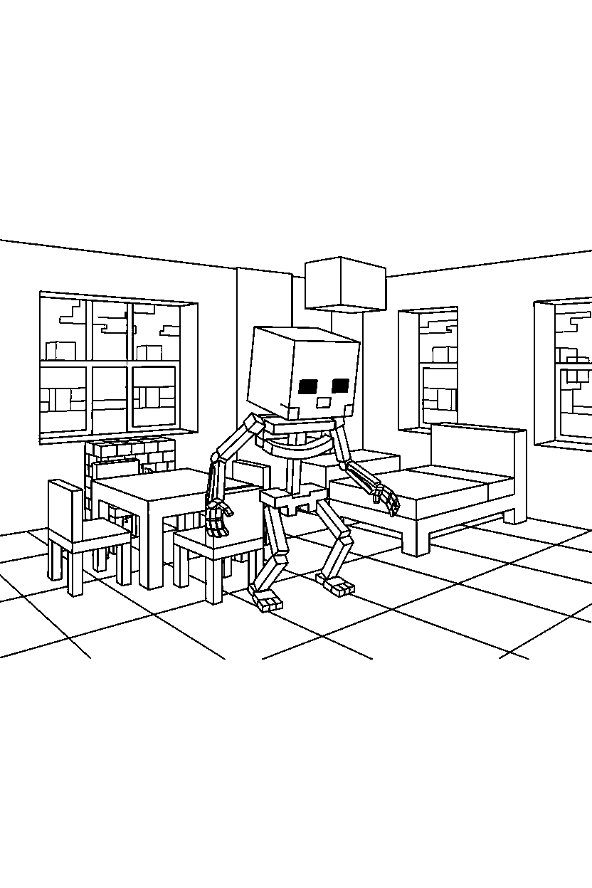 minecraft skeleton moving silently inside a house line art
