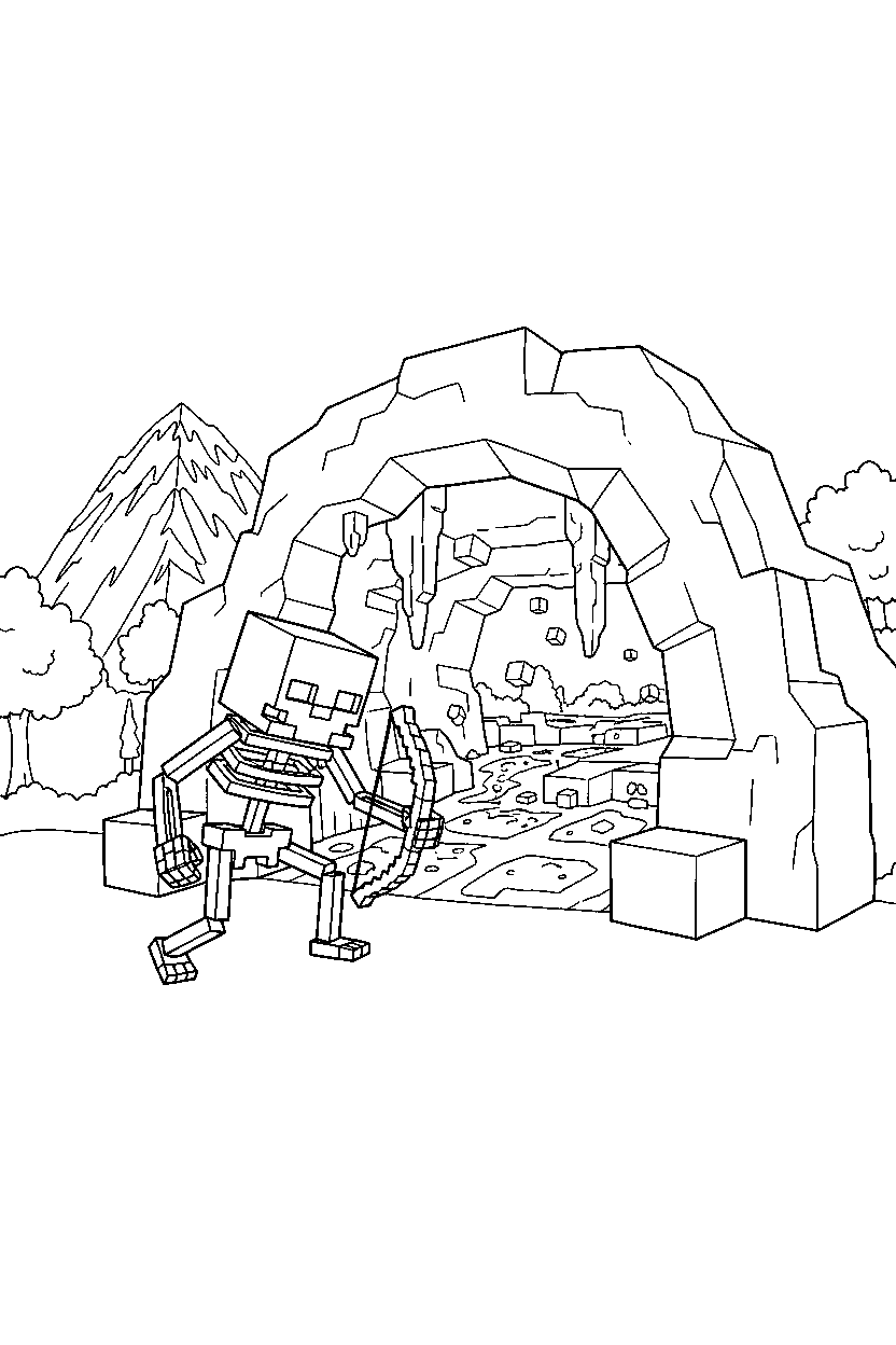 minecraft skeleton moving silently near a lava cave line art