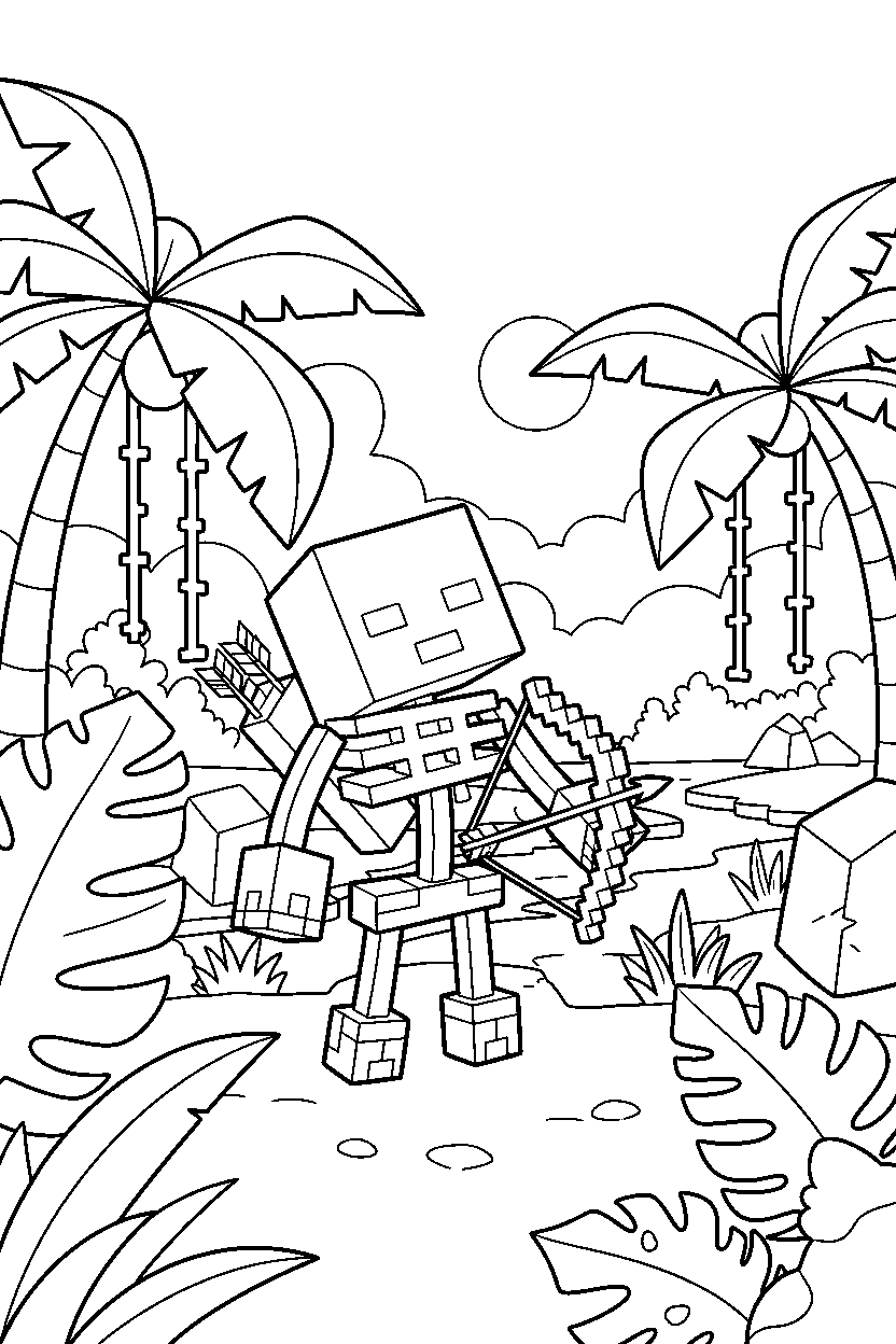 minecraft skeleton observing carefully in a jungle line art