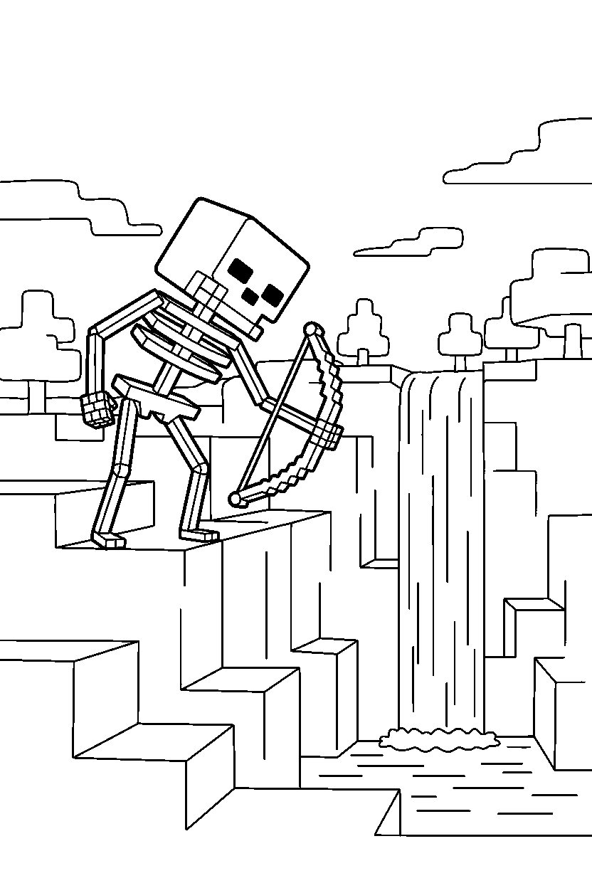 minecraft skeleton observing carefully near a waterfall line art