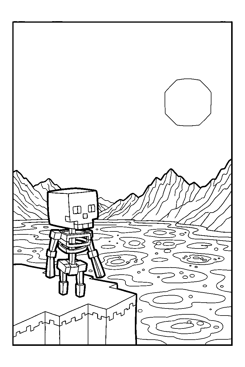 minecraft skeleton observing from a distance near a lava lake line art
