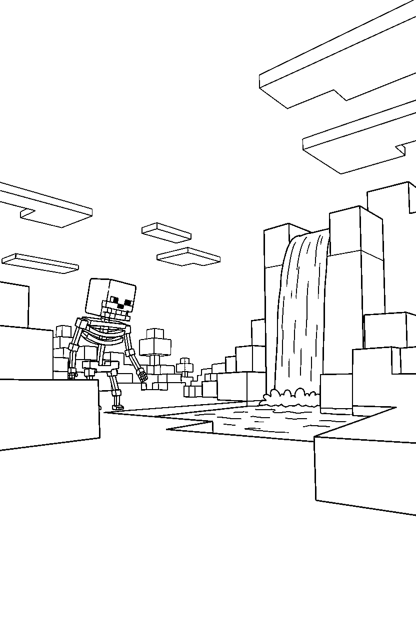 minecraft skeleton observing from a distance near a waterfall line art