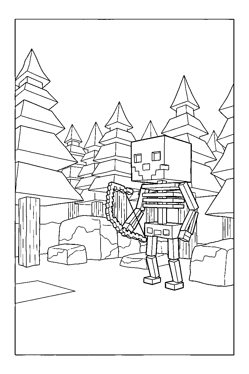 minecraft skeleton observing in taiga forest line art