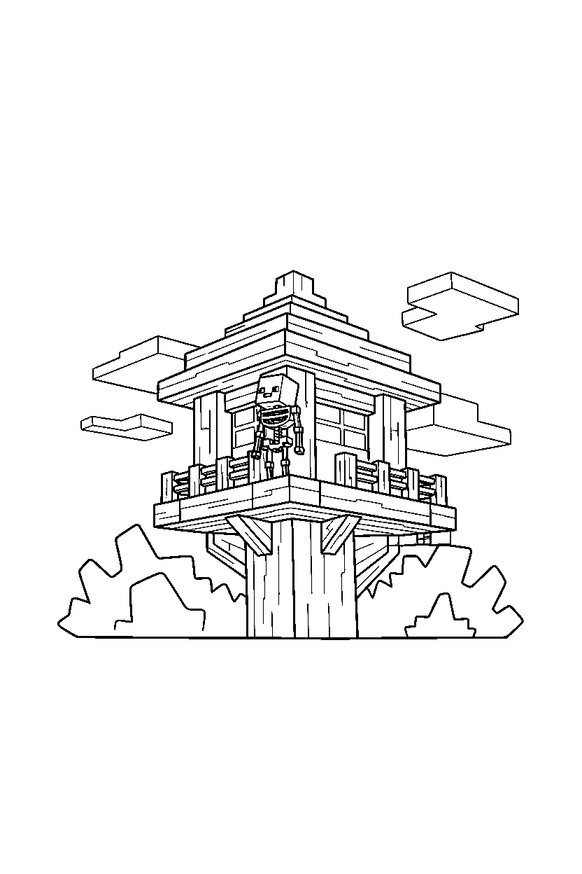 minecraft skeleton observing silently in a treehouse base line art