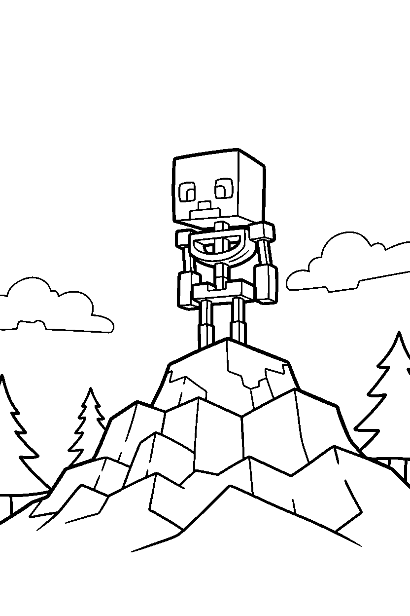 minecraft skeleton observing silently in mountains line art