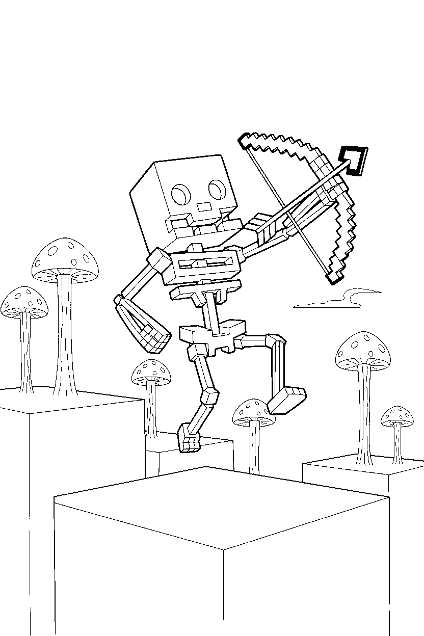 minecraft skeleton playing happily on an end island line art