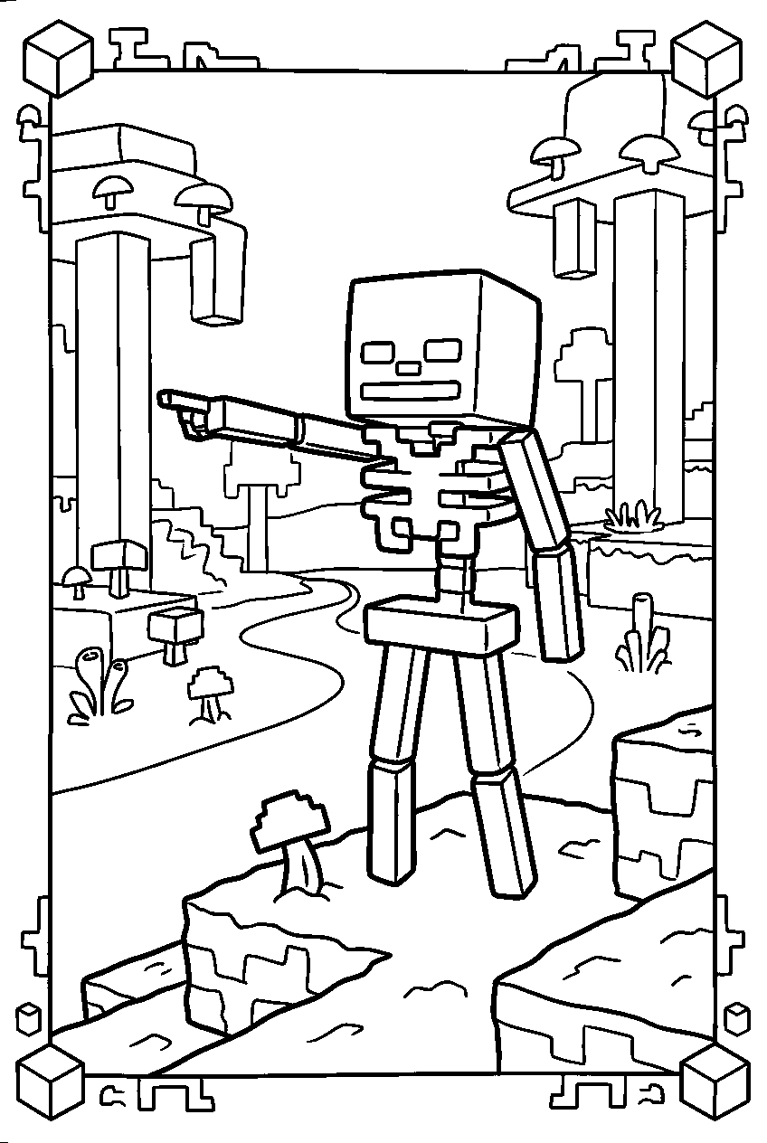 minecraft skeleton pointing in warped forest line art