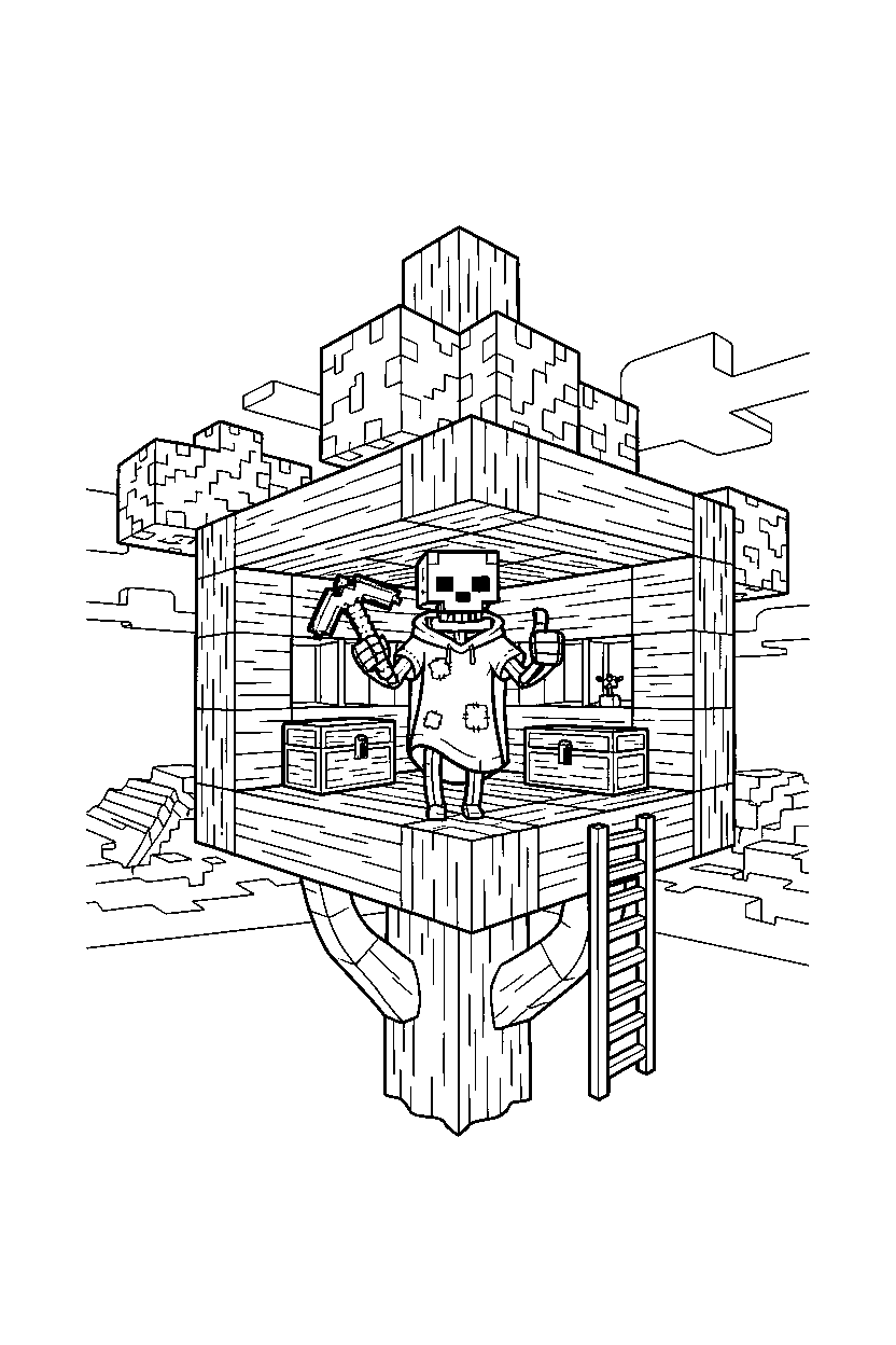 minecraft skeleton posing happily in a treehouse base line art