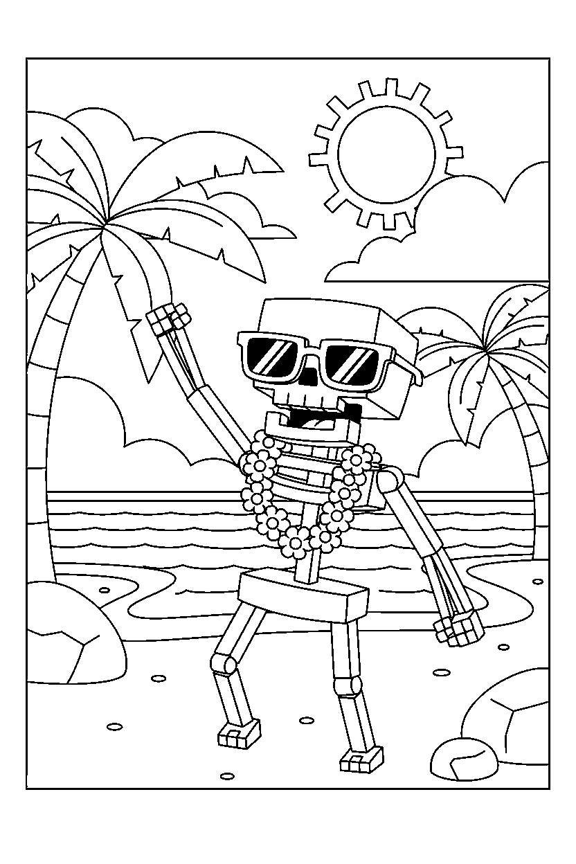 minecraft skeleton posing happily on a beach line art